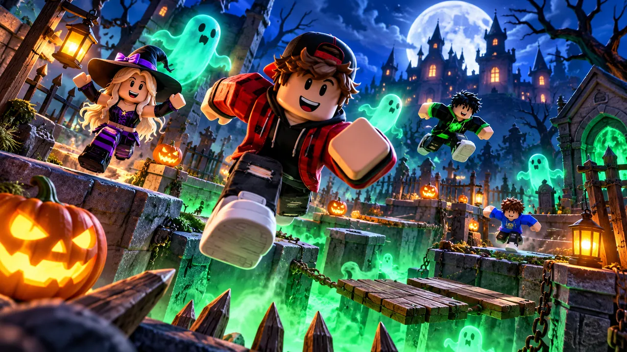 Haunted Graveyard Obby Roblox thumbnail made with AI